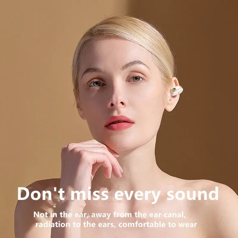 Bone conduction earphones lifestyle model wearing open ear earpiece