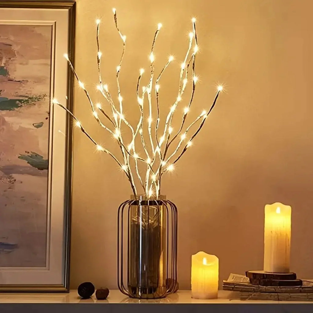 Warm white birch branch lights with candles