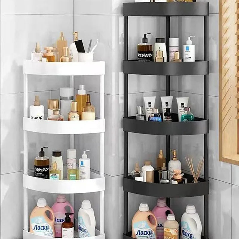 Black and white 5-tier corner rolling carts stocked with cosmetics and laundry bottles