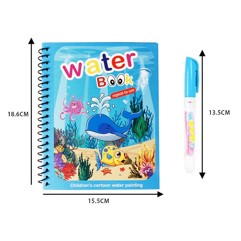 Magic water coloring book and refillable water pen with size dimensions