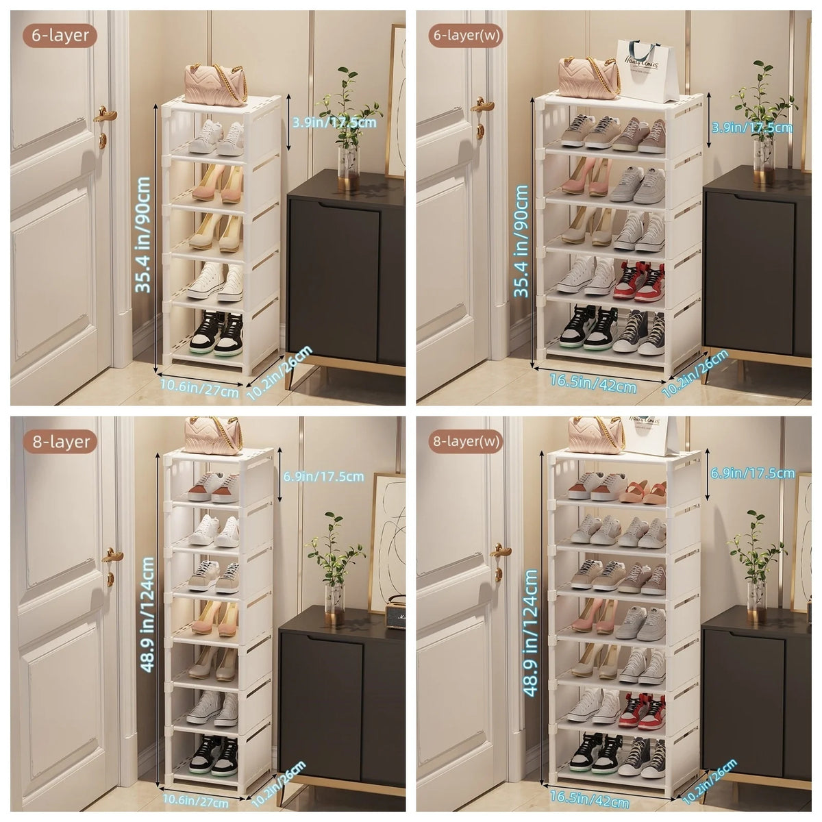 6-layer and 8-layer metal shoe rack size options, 90cm and 124cm tall