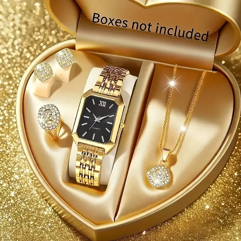 Rhinestone watch set women – gold jewelry set, black dial