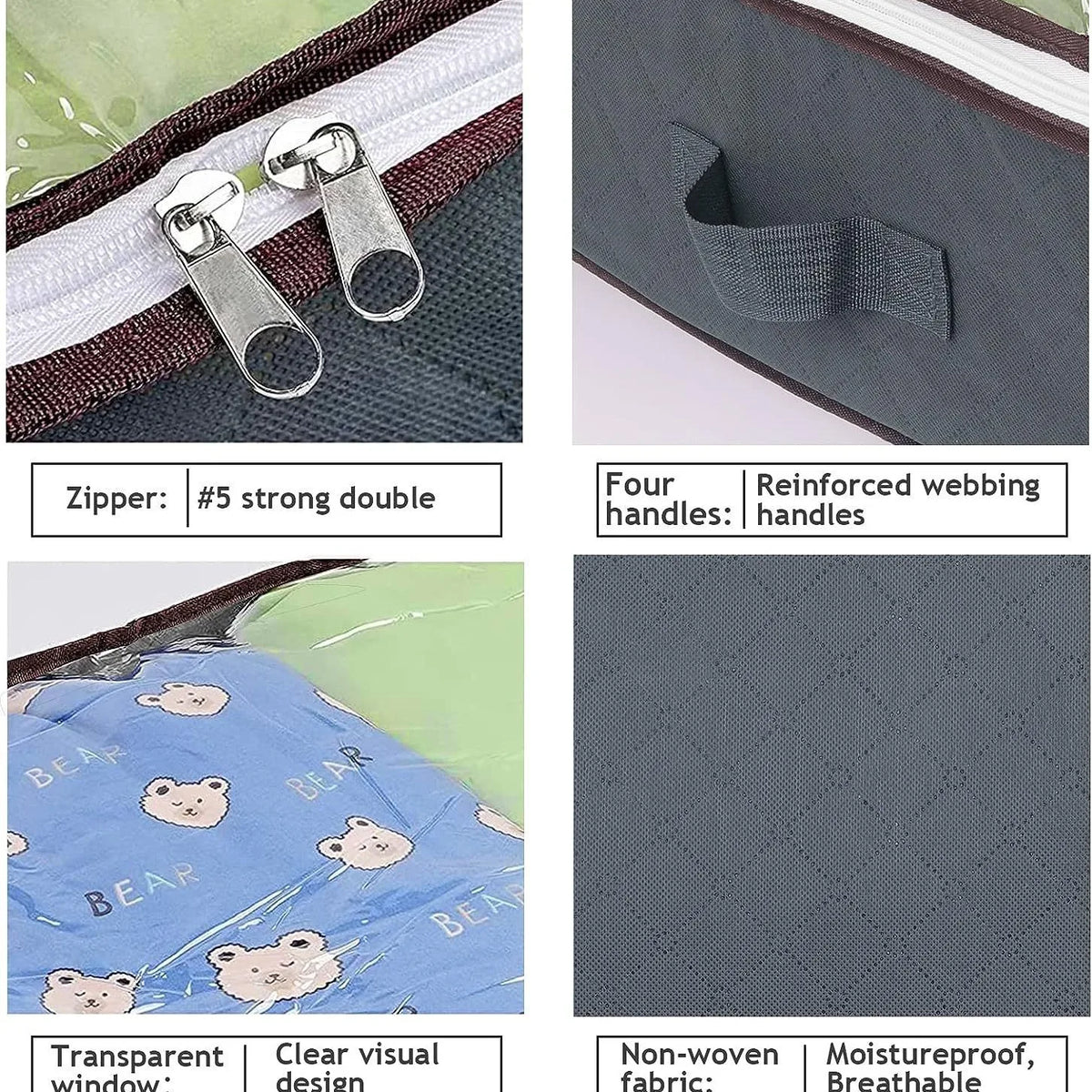 Under bed storage bag features: zipper, handles, window, non-woven fabric