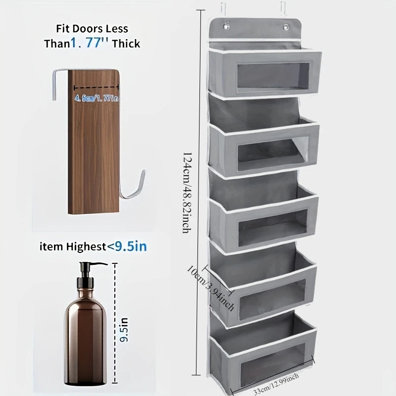 Hanging closet organizer dimensions: 124cm tall, fits doors less than 1.77 inches thick