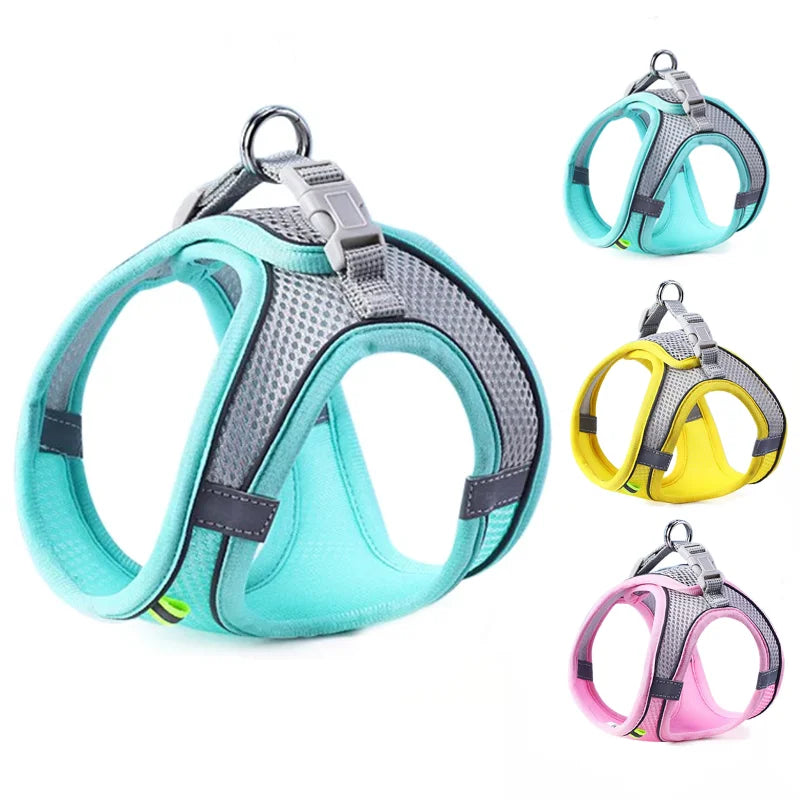 Reflective dog harness in teal, yellow and pink color options