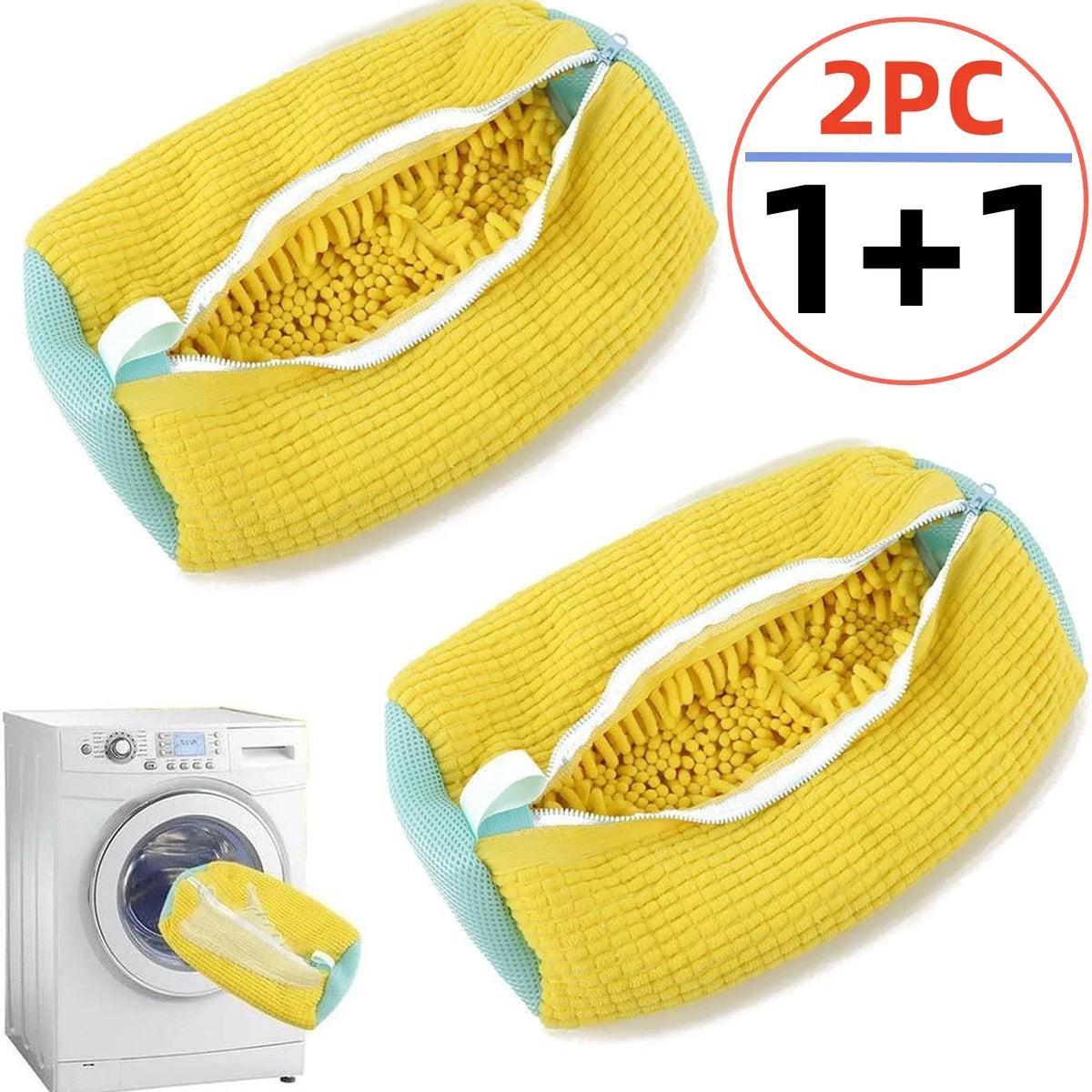 2-pack yellow mesh laundry bags for shoes with fluffy fibers, 1 plus 1 set