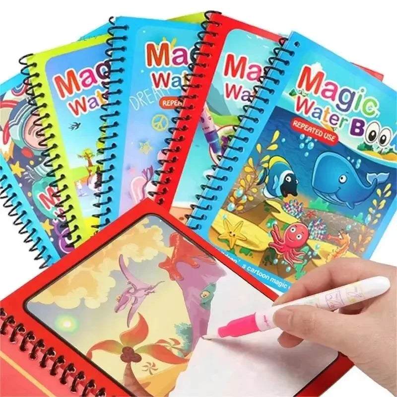 Magic water coloring books set with child painting a page using the water pen