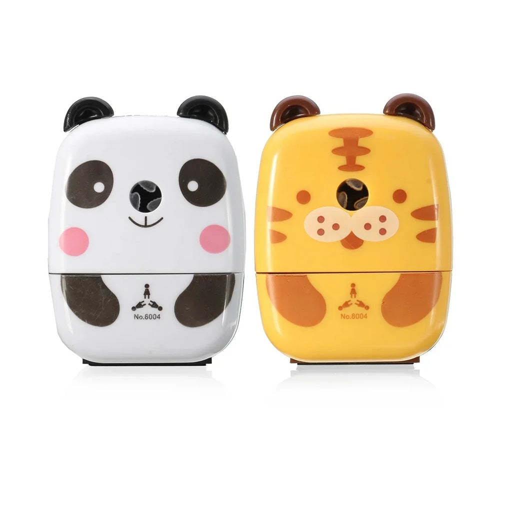 Panda and tiger animal pencil sharpeners, front view, white background