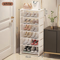 White small shoe cabinet with 6 tiers and dimension labels for entryway shoe storage
