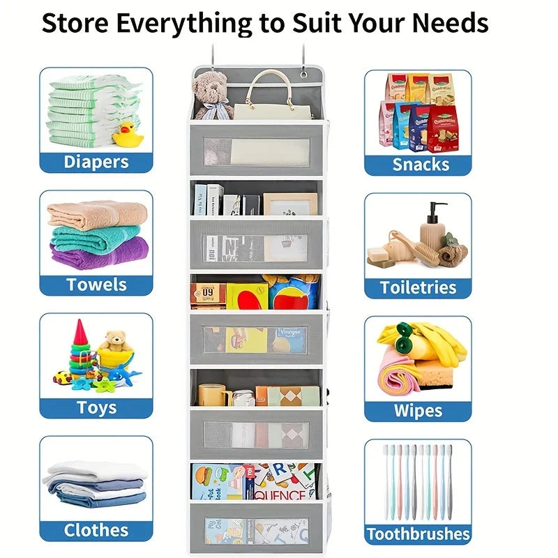 Hanging closet organizer stores diapers, snacks, towels, toiletries, toys, wipes, clothes and toothbrushes