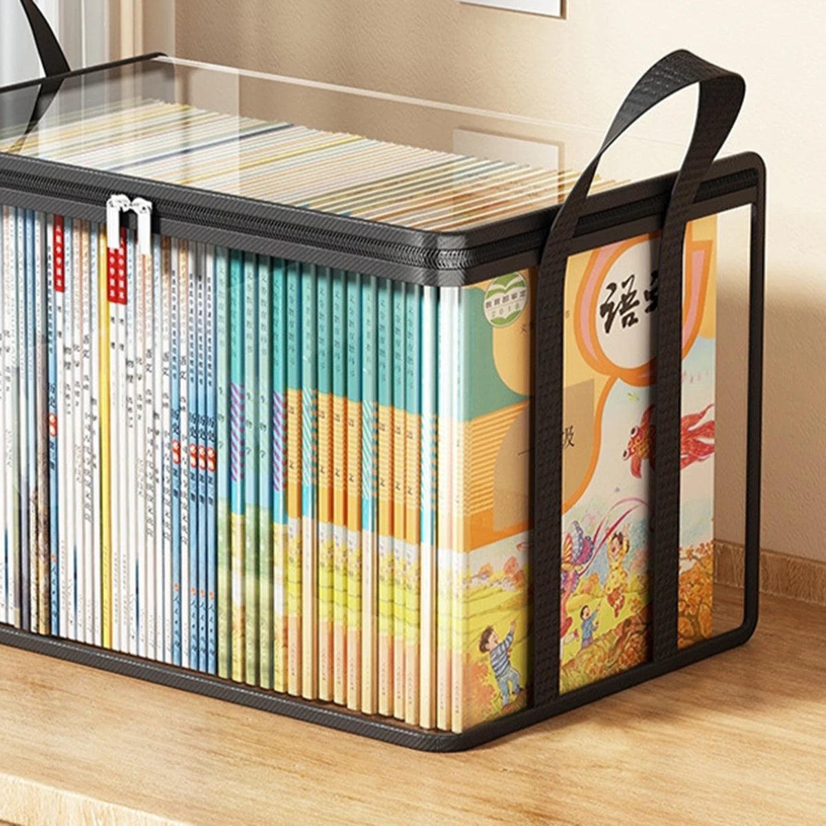 Foldable waterproof book storage box filled with books