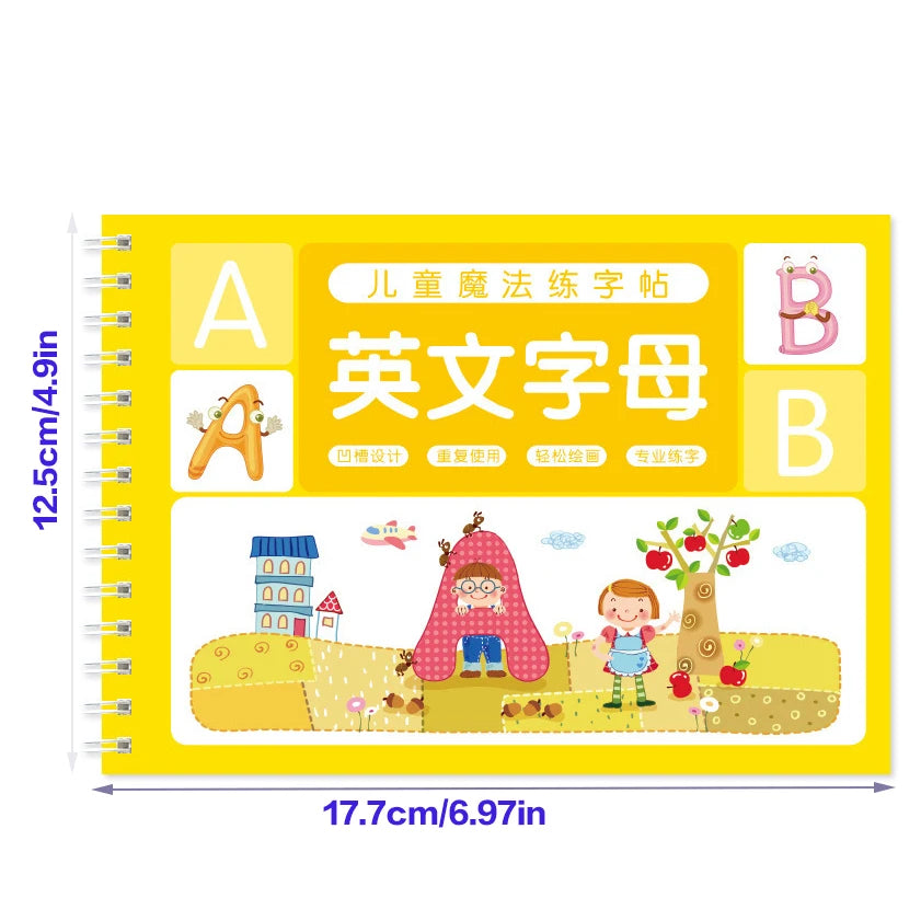 Handwriting practice book kids — alphabet cover with dimensions