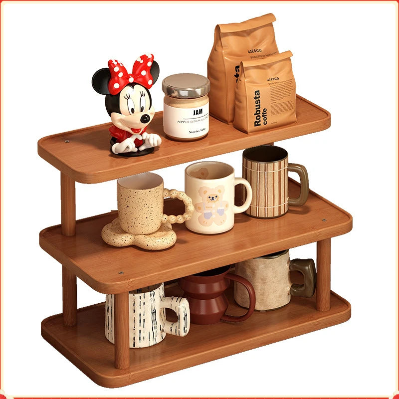 3-tier bamboo mug holder stand displaying coffee mugs and kitchen decor