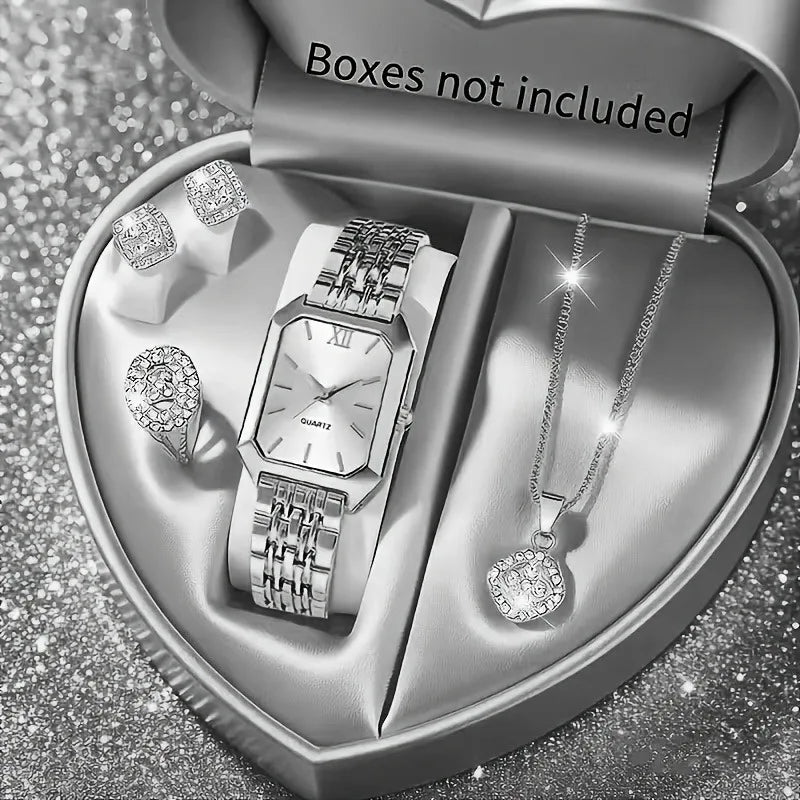 Rhinestone watch jewelry set women – silver 5 piece set
