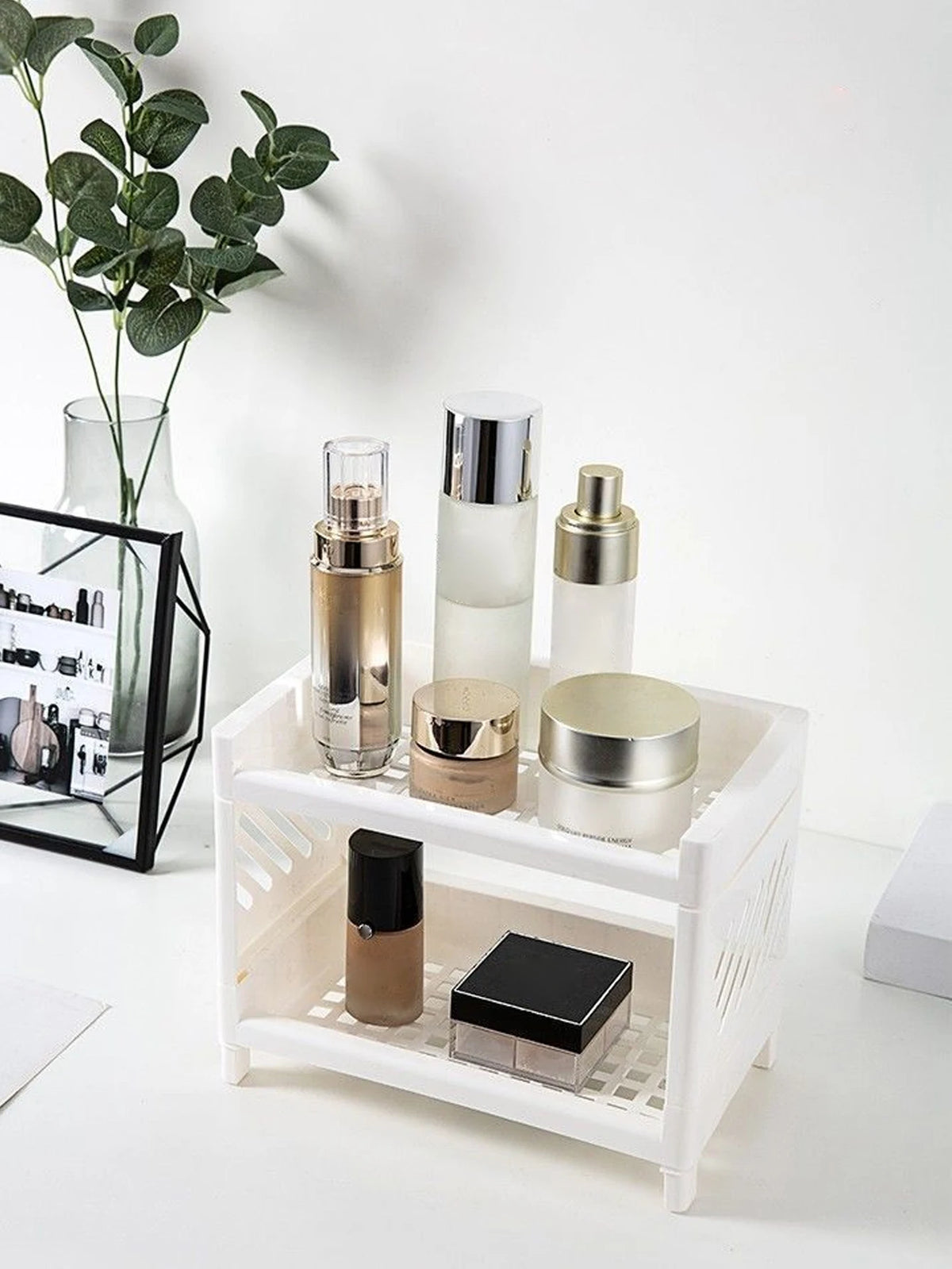 Desktop organizer storage rack holding cosmetics