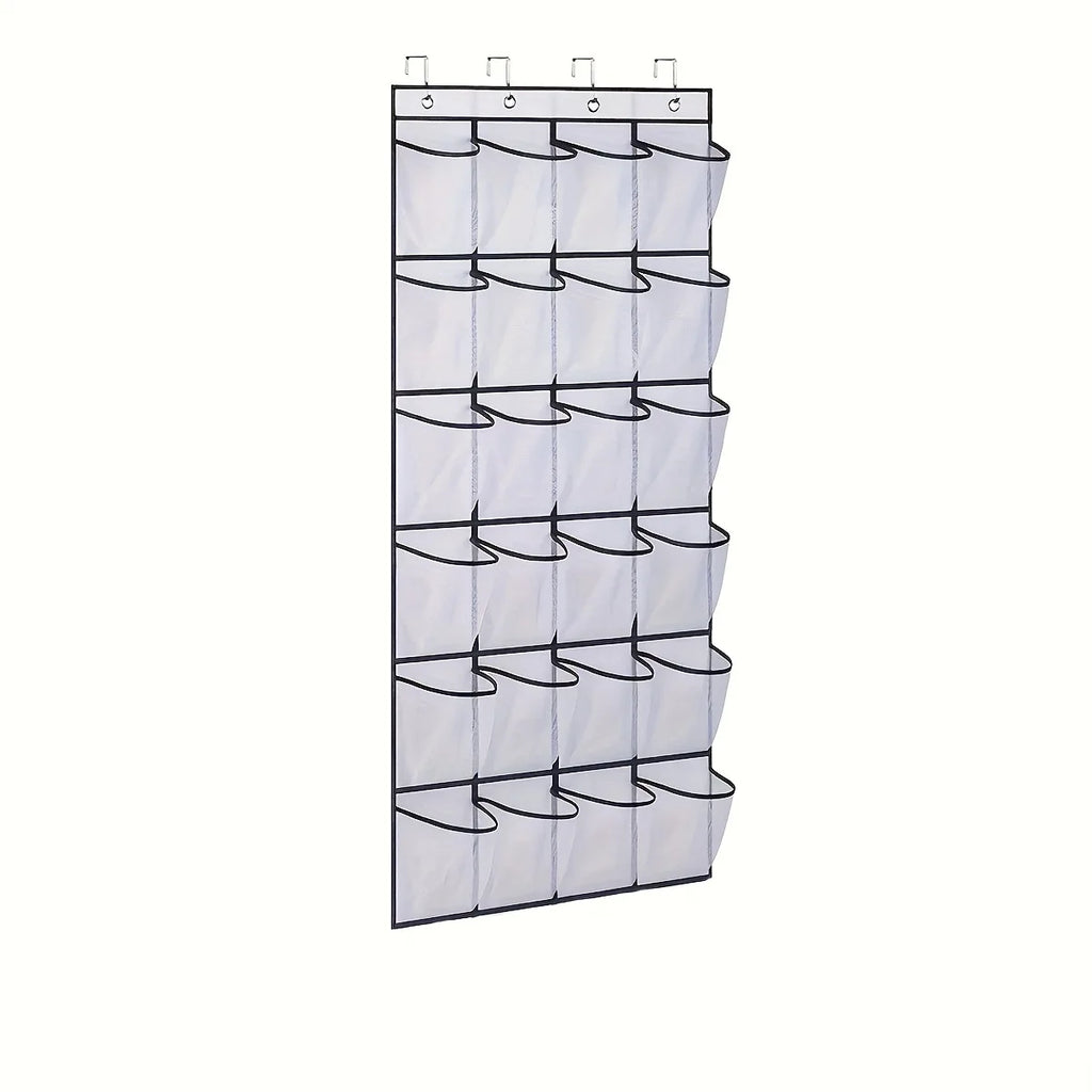 White wall mounted shoe organizer hanging, front view