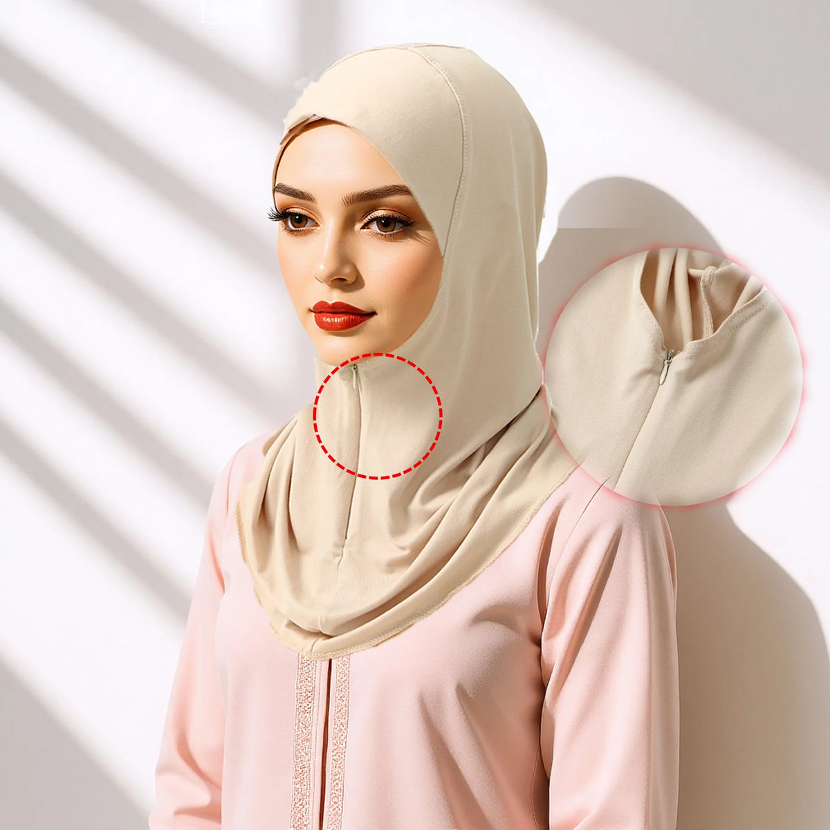 Zipper Instant Hijab – model front view with zipper detail | Velvetova