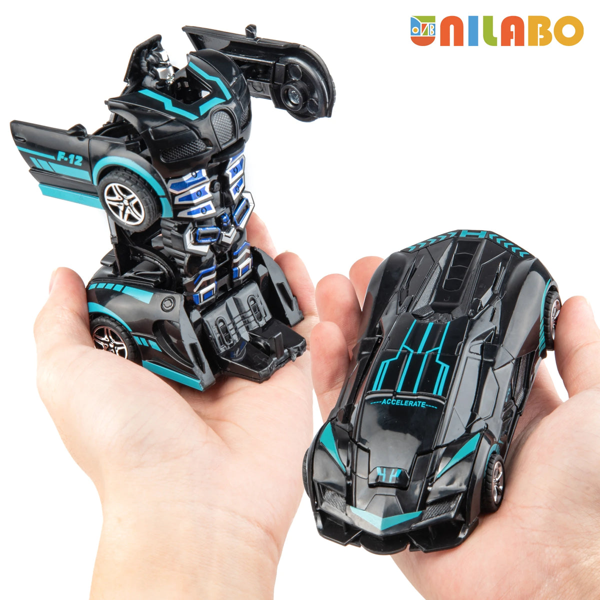 Hands holding transforming robot car toy showing car and robot modes
