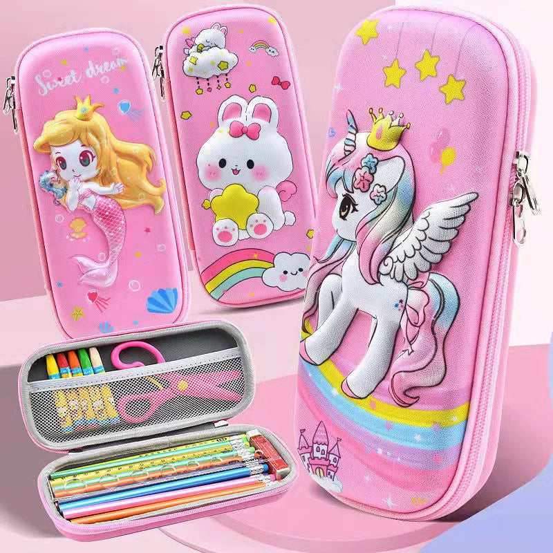 Kawaii pencil case 3D EVA hard shell, unicorn mermaid and rabbit designs with open interior