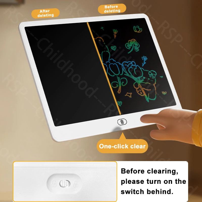 LCD writing tablet kids — before and after one-click clear