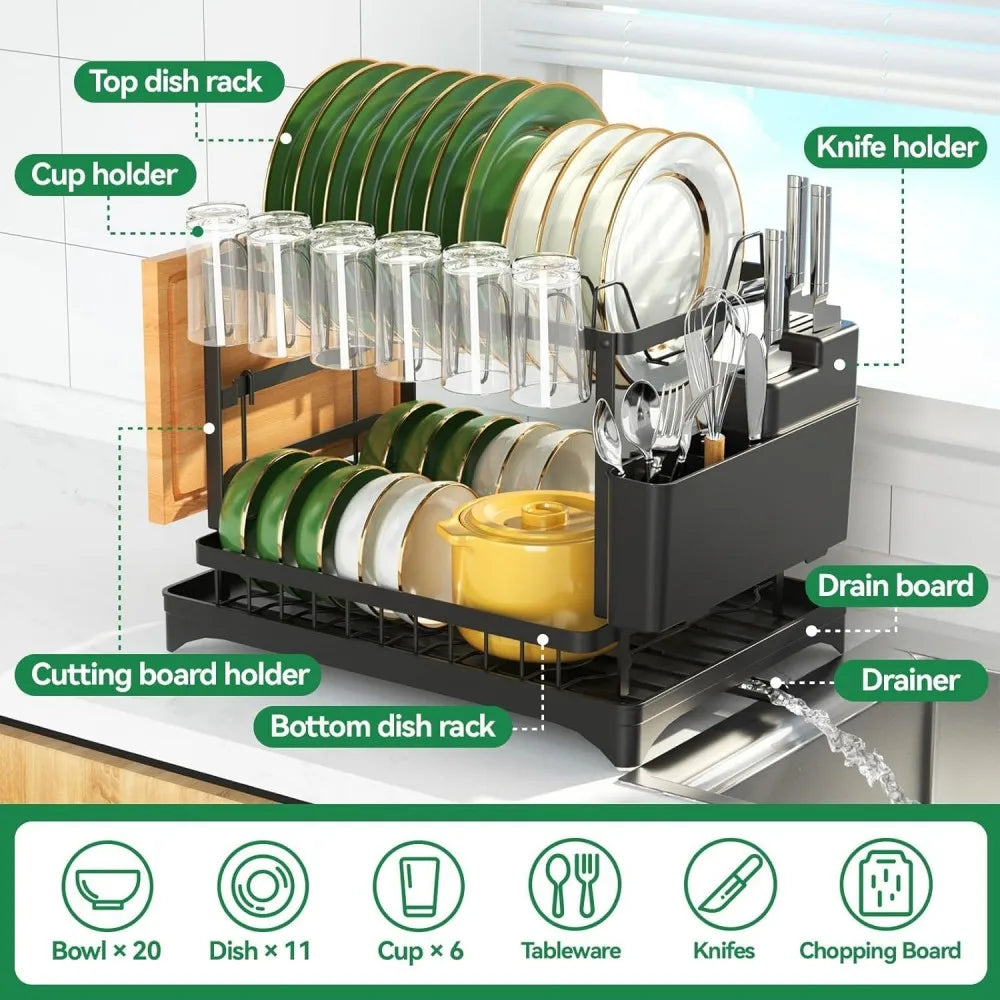 2-tier dish drying rack with labeled parts: cup holder, knife holder, drain board, cutting board holder