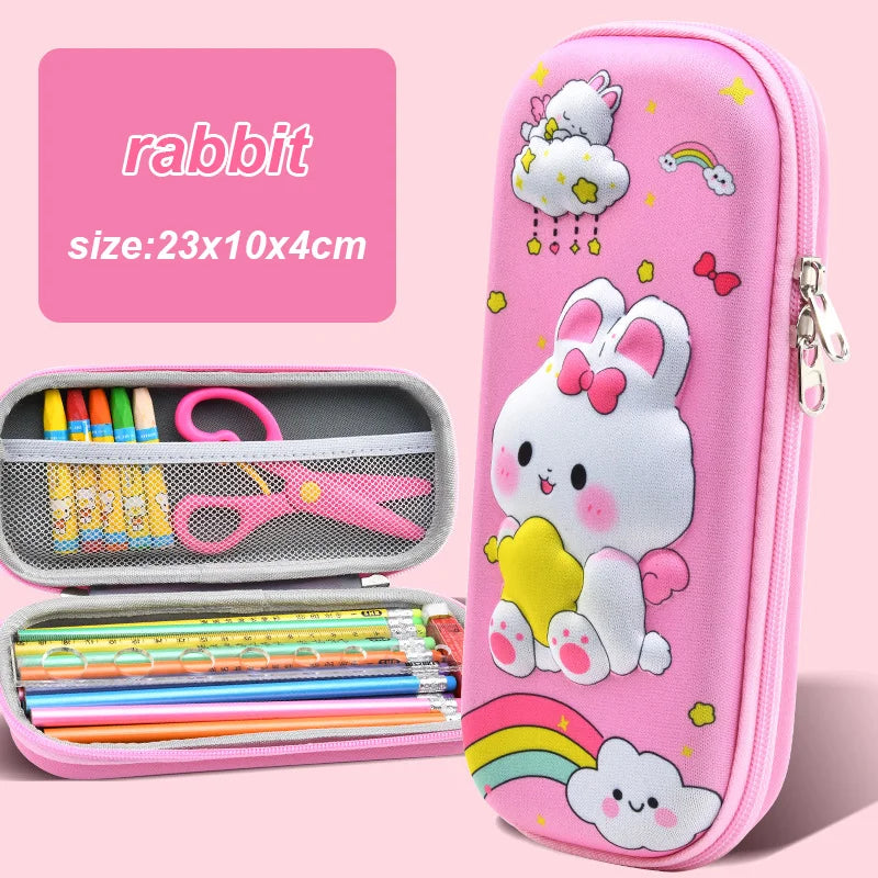 Rabbit kawaii pencil case open with stationery inside