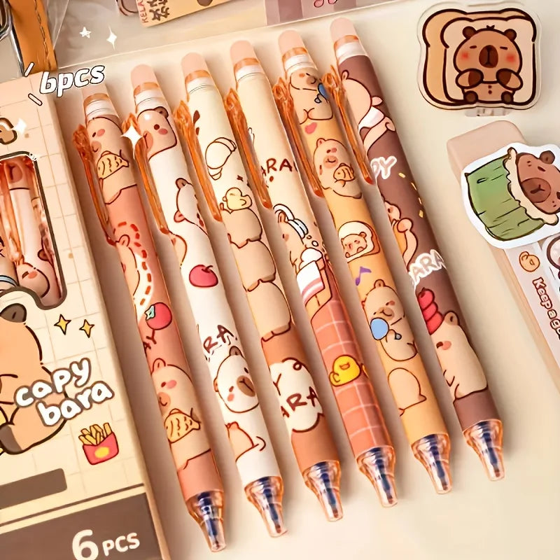 Six capybara erasable gel pens with cute designs
