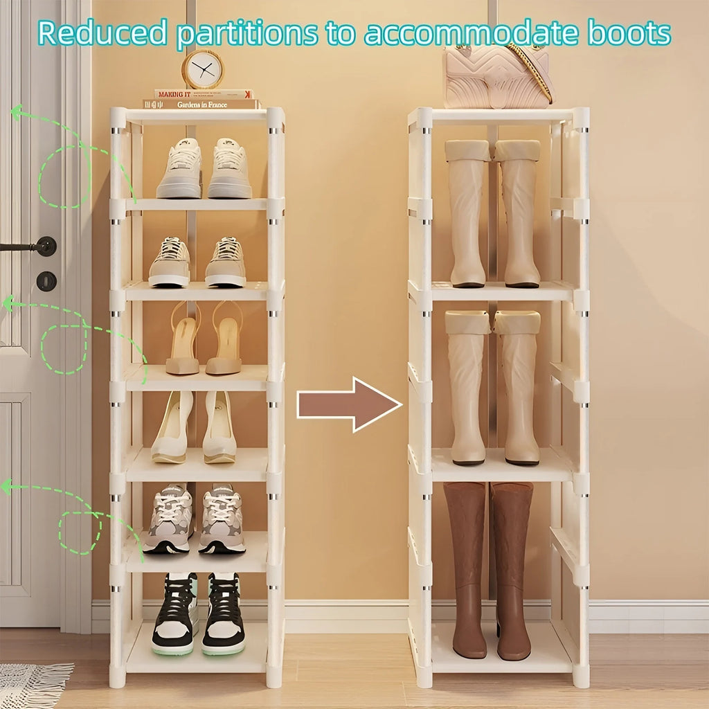 Adjustable partitions on metal shoe rack accommodate tall boots