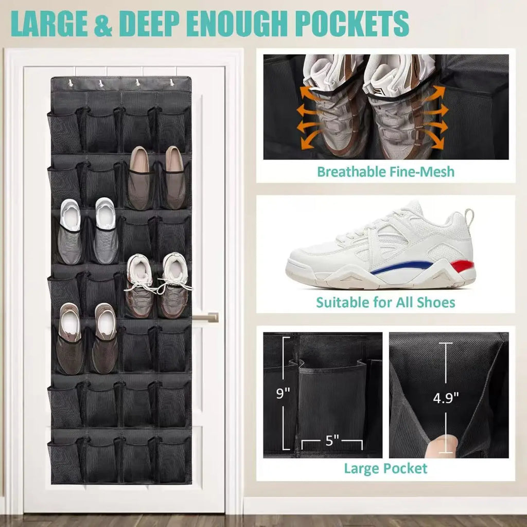 Wall mounted shoe organizer with large deep pockets feature callouts