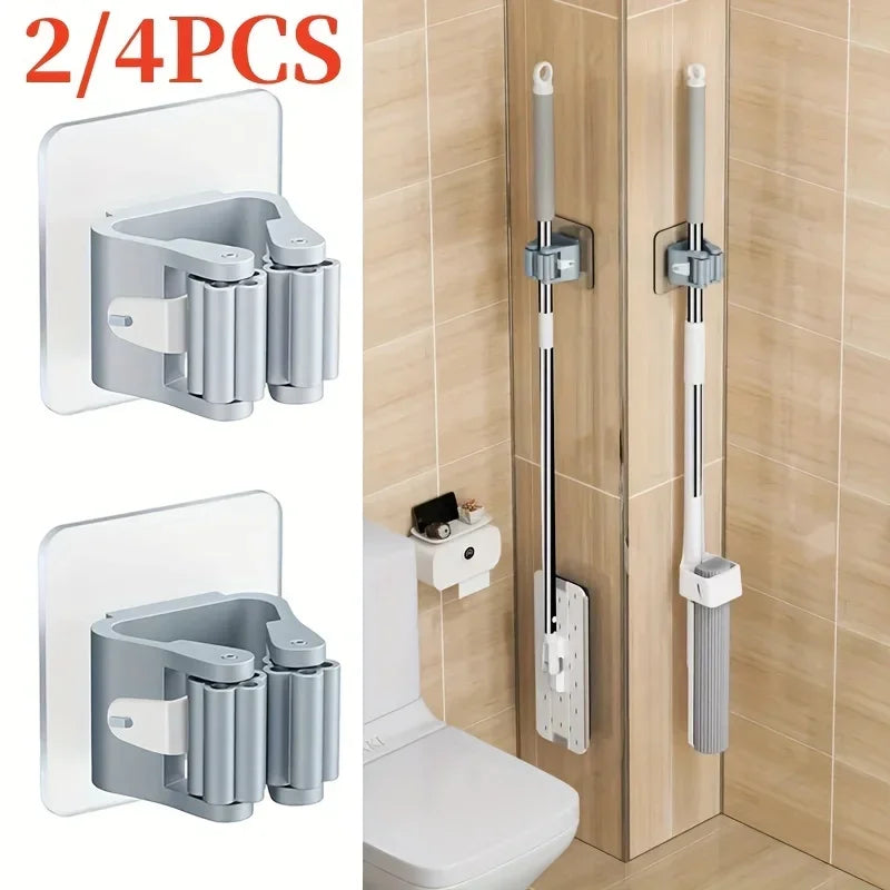Wall mounted mop and broom holder set, 2 and 4 pack with bathroom use