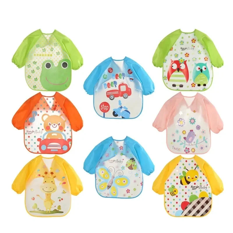 Baby bibs with sleeves — assortment of colorful waterproof smock bibs