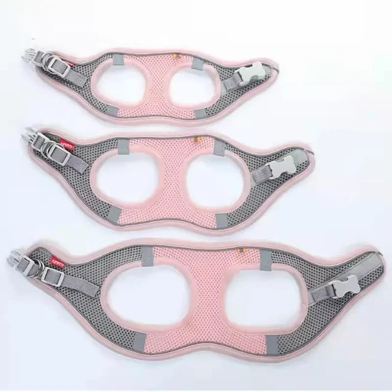 Pink reflective dog harness shown in three sizes