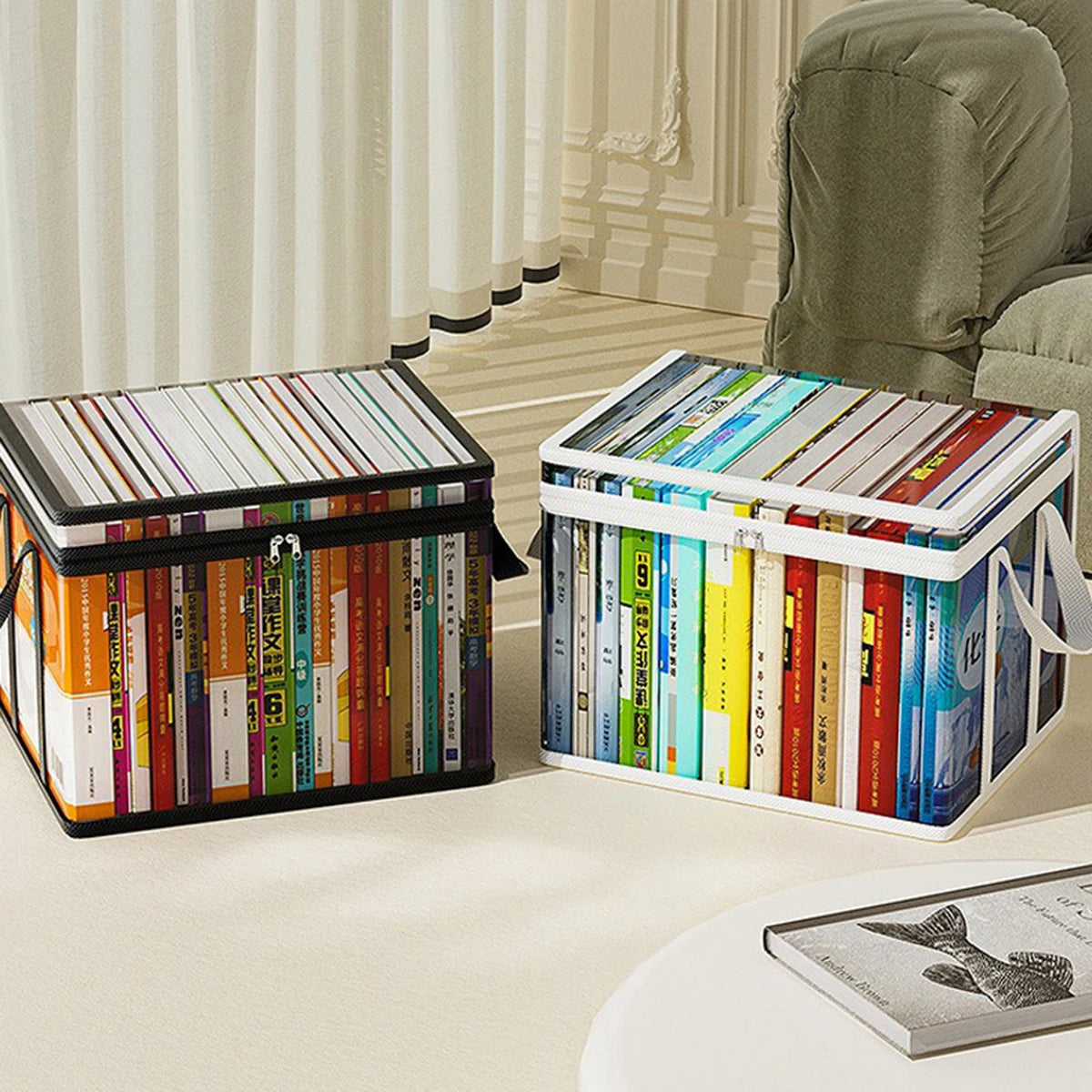 Two book storage boxes in living room