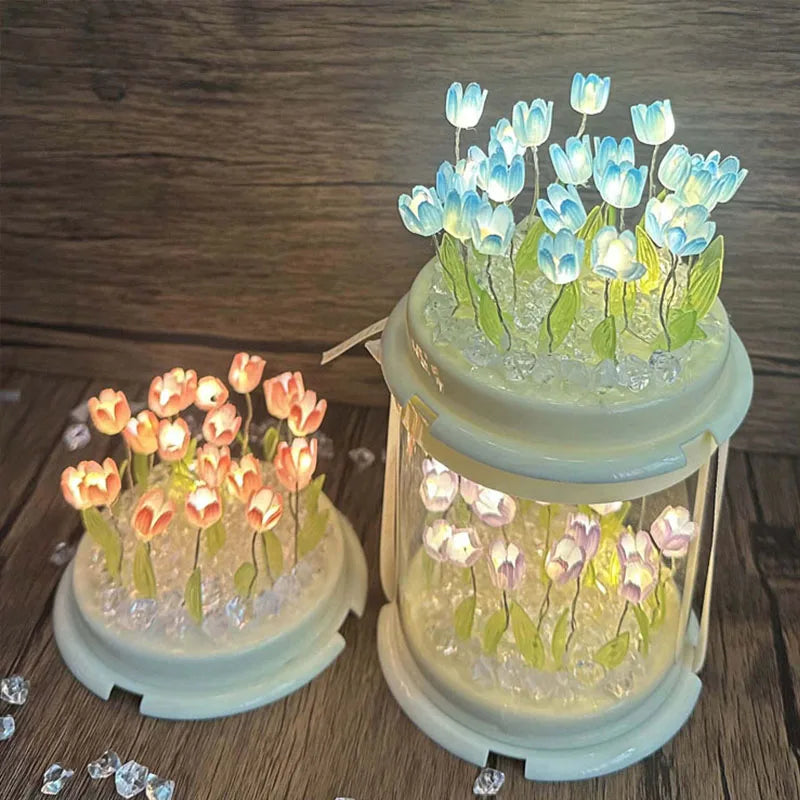 Tulip table lamp with open cake box showing flower arrangement