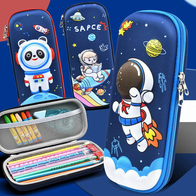 Astronaut kawaii pencil case open showing organized pens and pencils