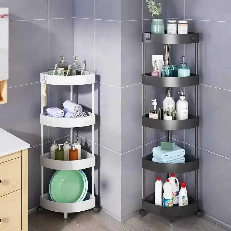 White and black 5-tier rolling corner shelf carts with toiletries in a tiled bathroom corner