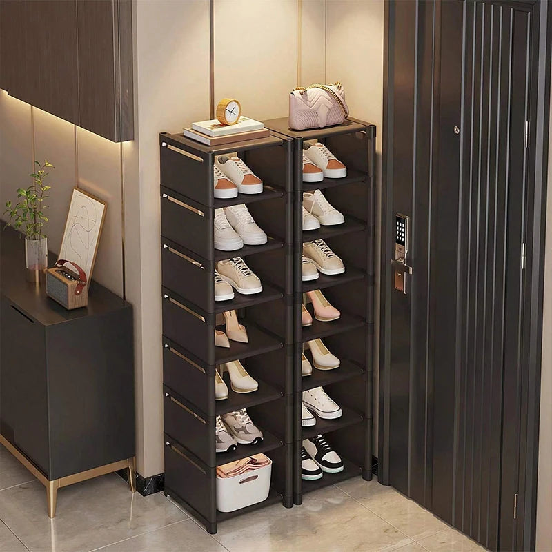 Black small shoe cabinet, tall double unit in a modern entryway with shoes