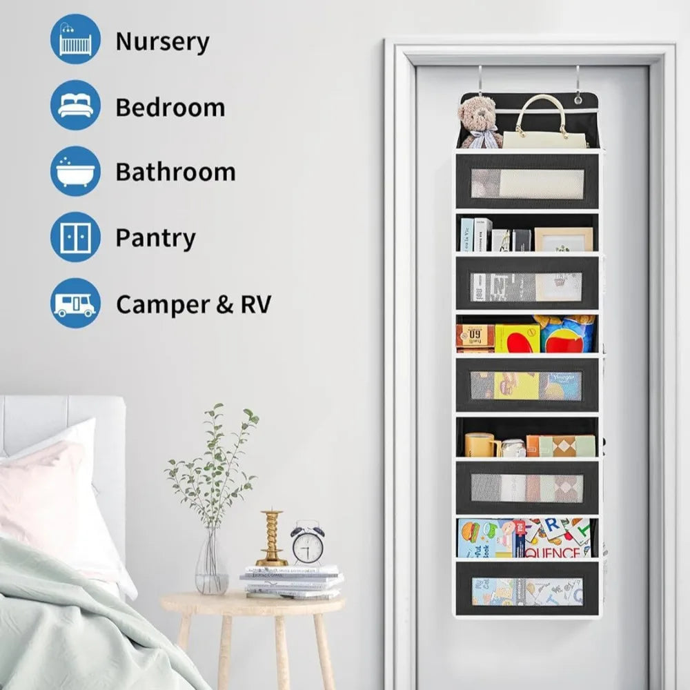 Black hanging closet organizer behind a bedroom door for nursery, bedroom, bathroom and pantry use