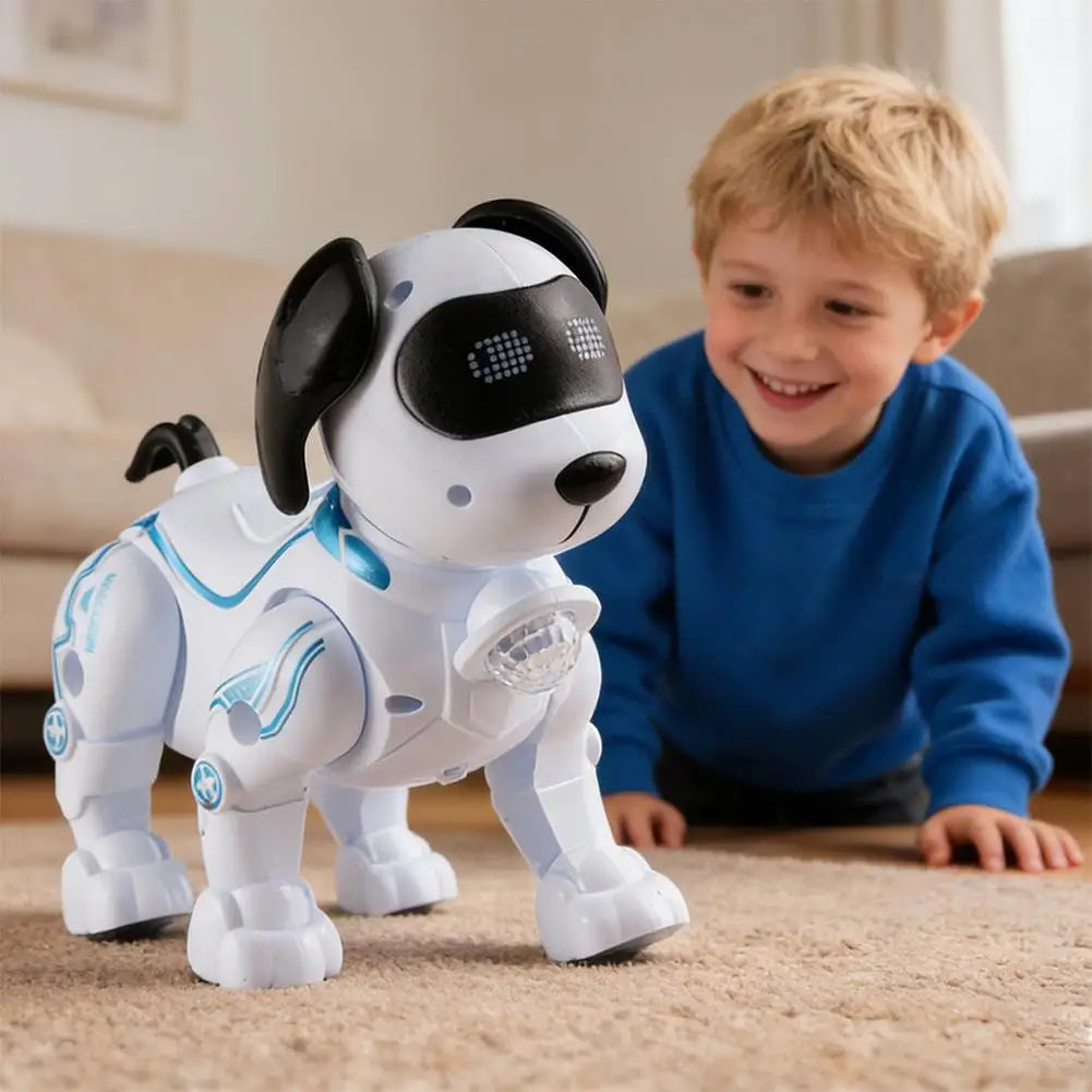 Robot dog toy for kids — smiling child with interactive robot puppy