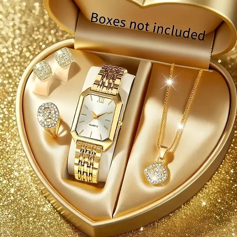 Rhinestone watch jewelry set for women – gold 5 piece set, white dial