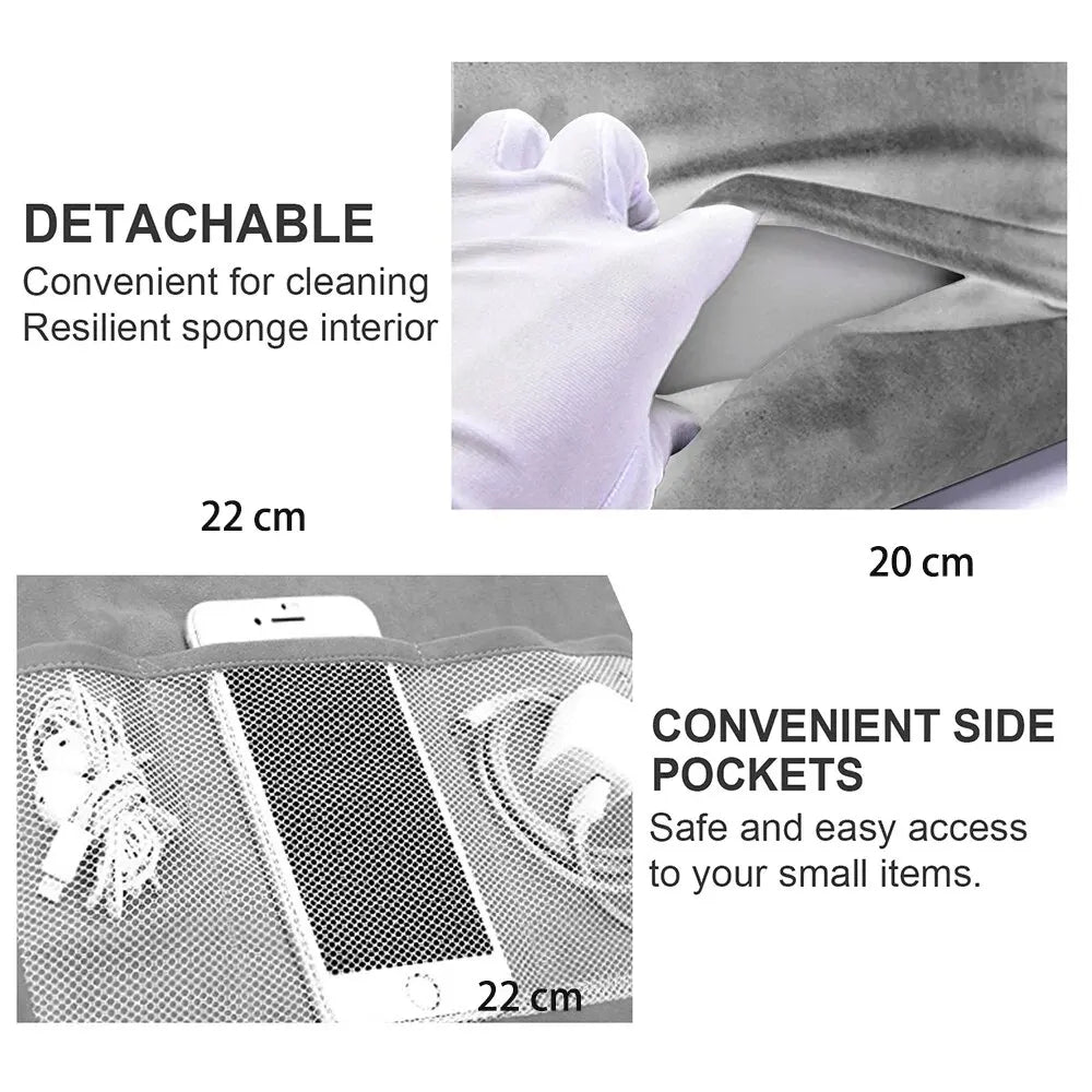 Tablet pillow stand detachable cover and side pockets feature graphic