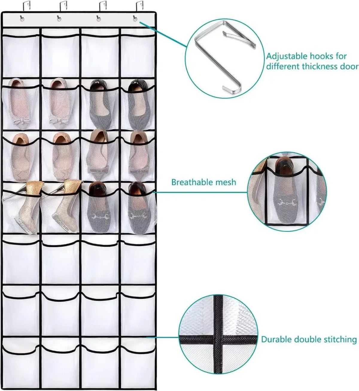 White wall mounted shoe organizer with adjustable hooks and mesh pockets
