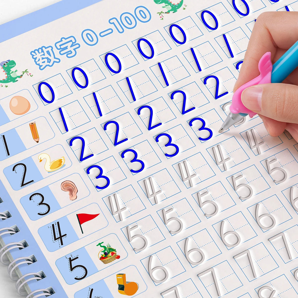 Handwriting practice book kids — child tracing numbers 0-100