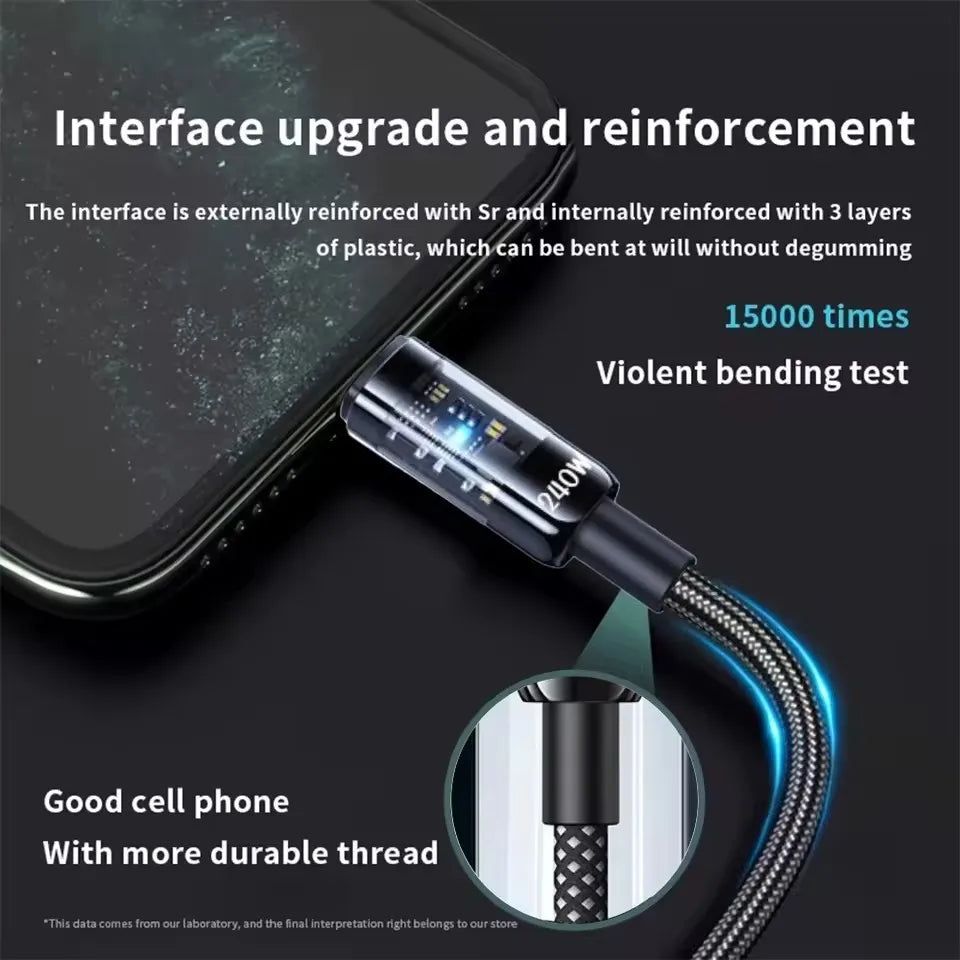 240W USB C fast charging cable reinforced interface bending test detail
