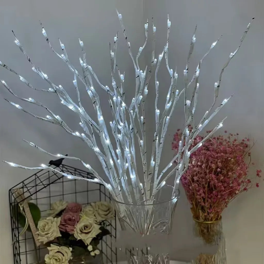 Close-up of white LED birch branch twigs
