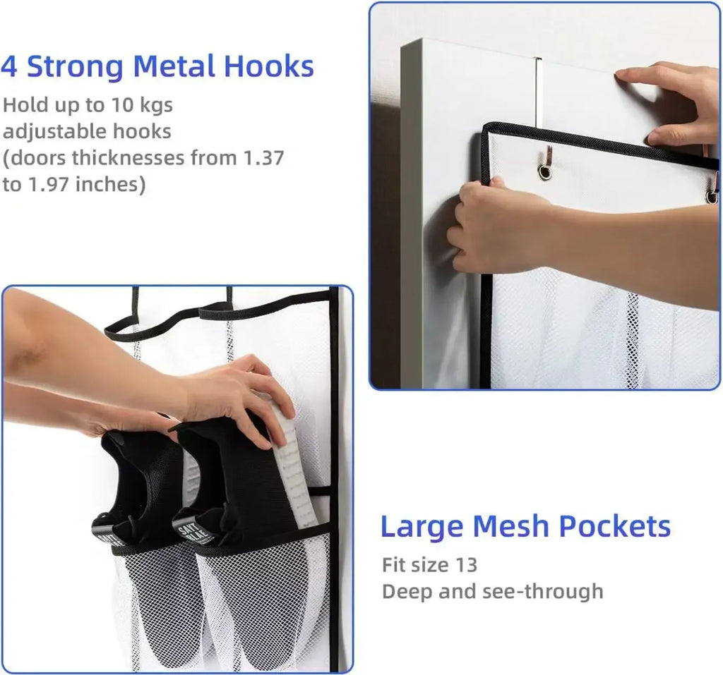 Installing wall mounted shoe organizer hooks over a door, mesh pocket detail