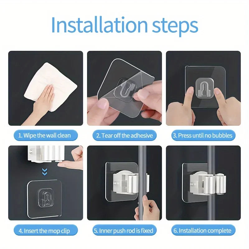 Wall mounted mop holder installation steps, peel and stick