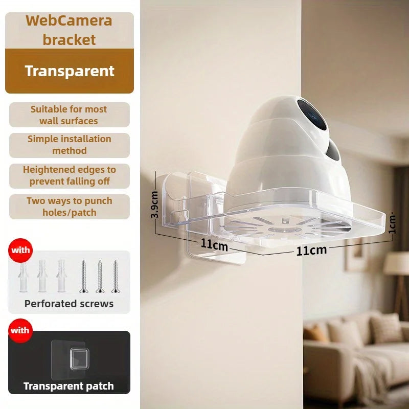 Transparent webcam and camera wall bracket with perforated screws and adhesive patch