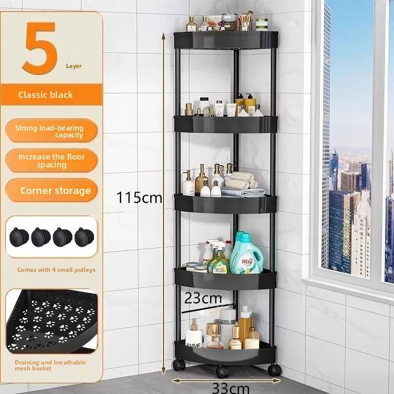 Black 5-tier corner rolling cart, 115cm tall, with 4 caster wheels for bathroom storage