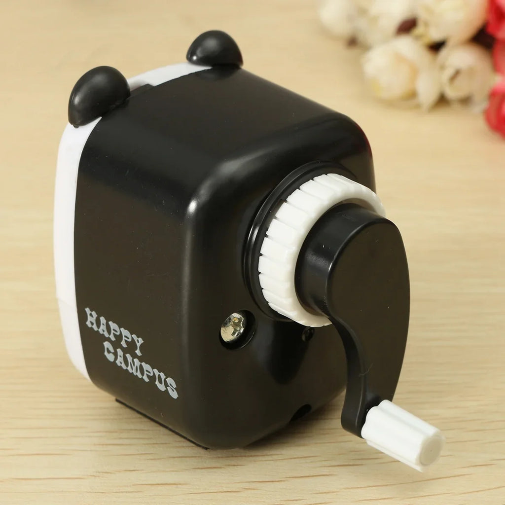 Back view of panda animal pencil sharpener showing crank handle